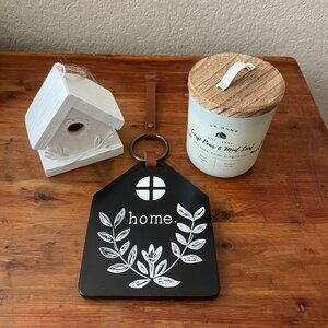 2 home ceramic Decorations + one DW home glass candle jar with wooden lid
